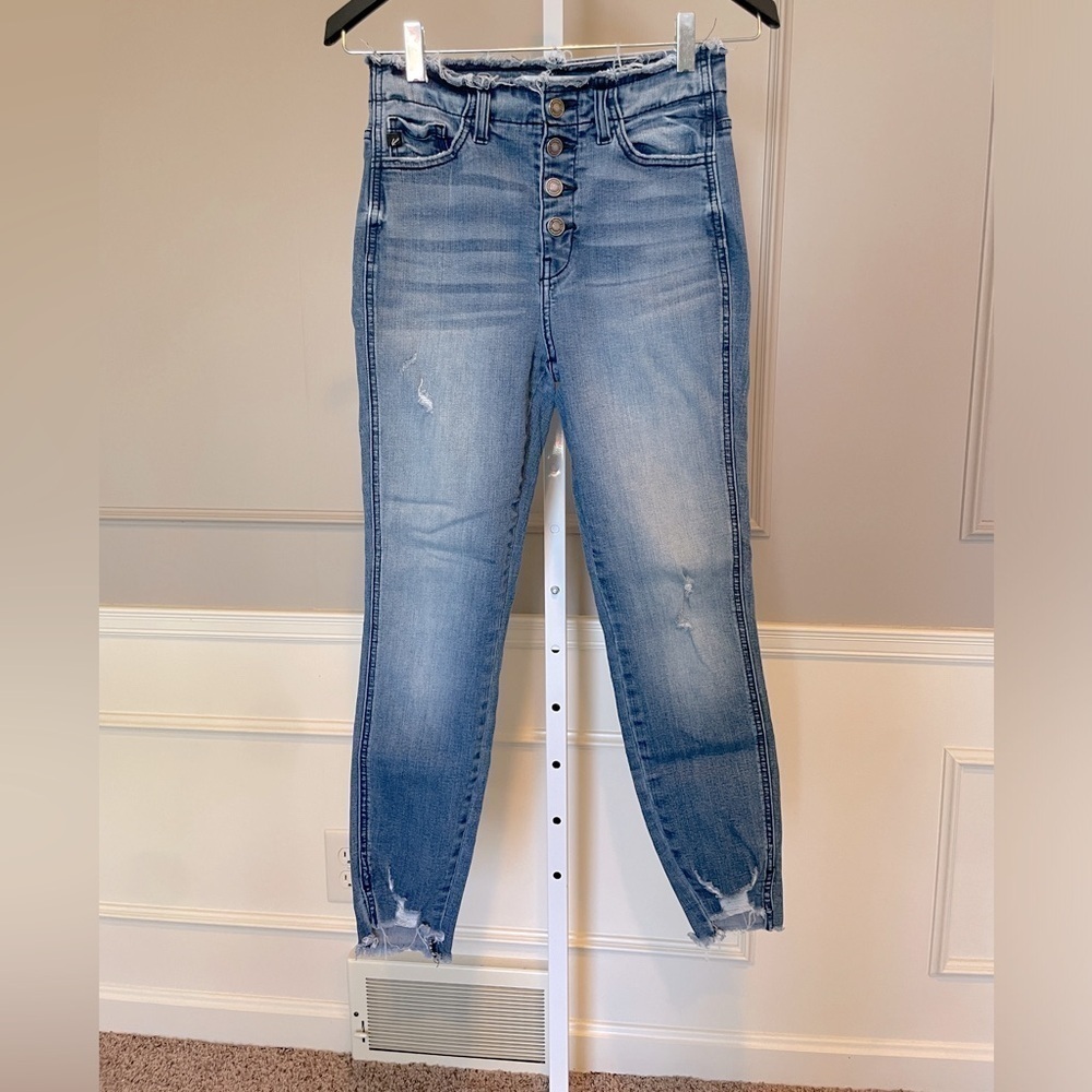 KanCan women's button fly denim jeans raw hem edges distressed skinny sz 7